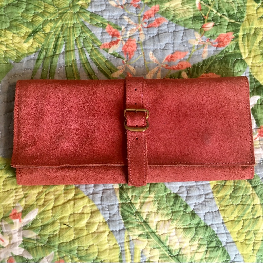 British red suede leather wallet, checkbook, purse UK England billfold satchel